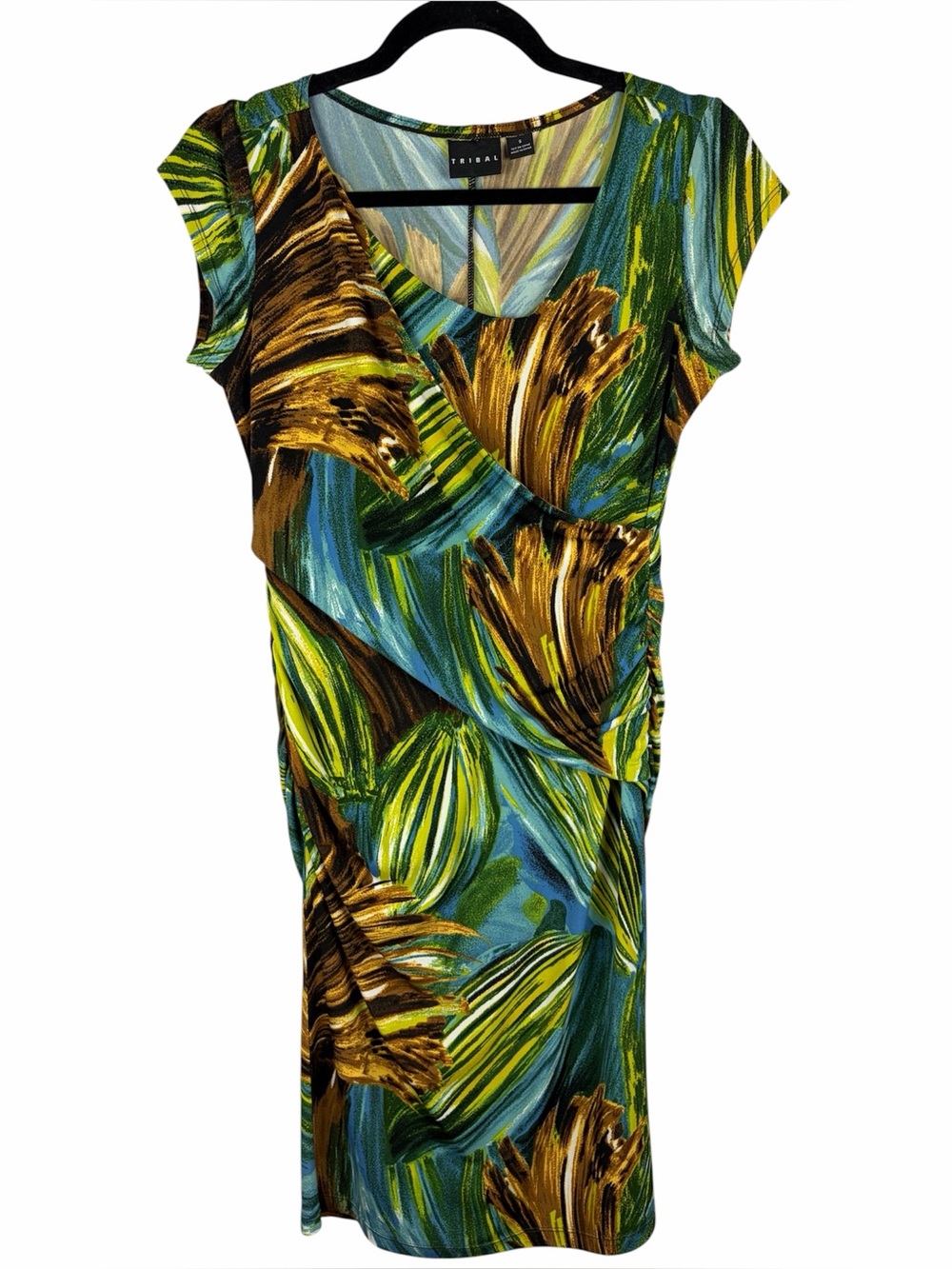 Tribal Tropical Abstract Print Ruched Faux Wrap Bodycon Dress Small
